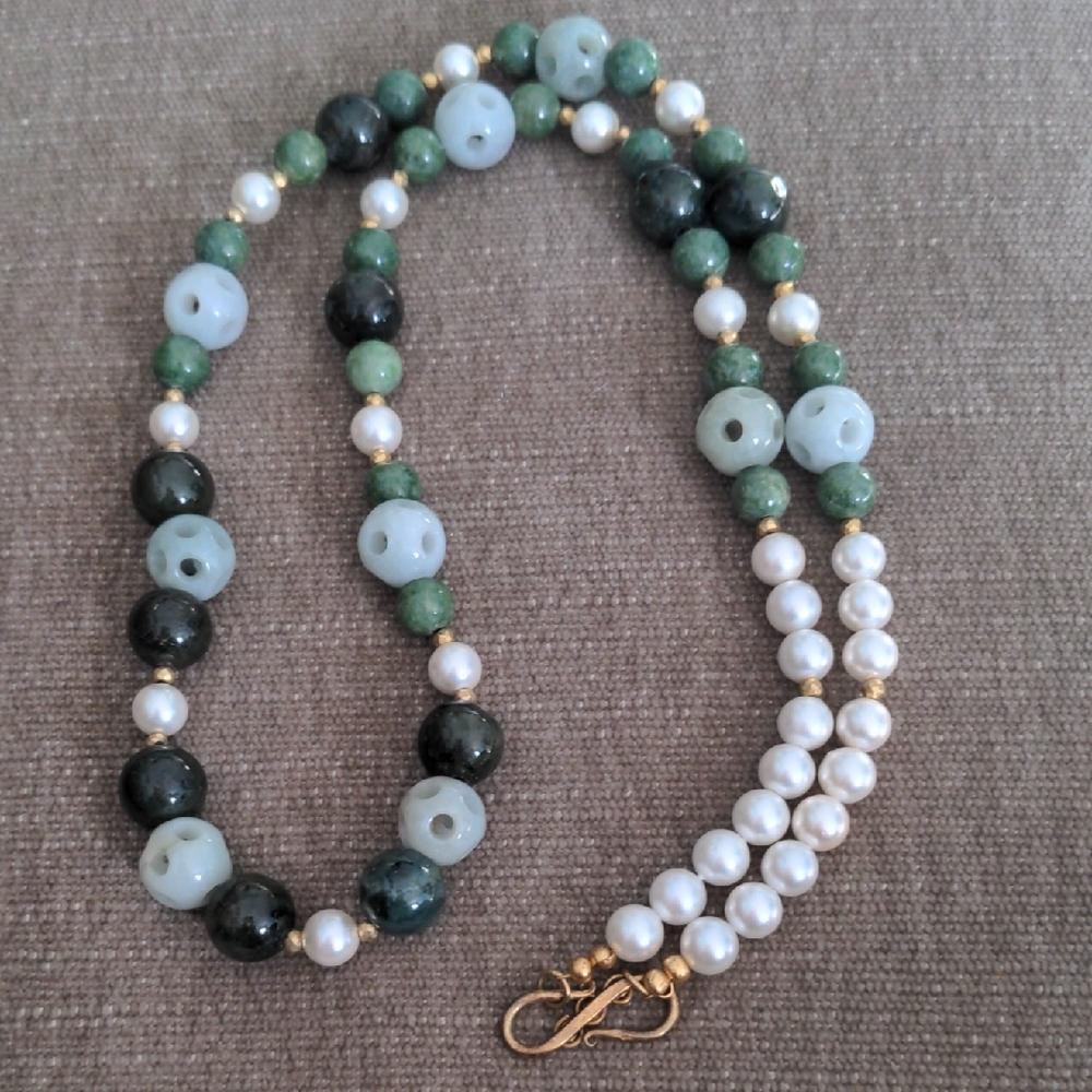 Genuine Jade & Pearl Beaded Necklace. 31",  Green Burmese Jadeite, New, Custom